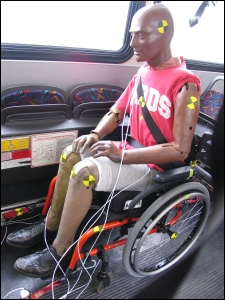 ATD seated in manual wheelchair on transit bus