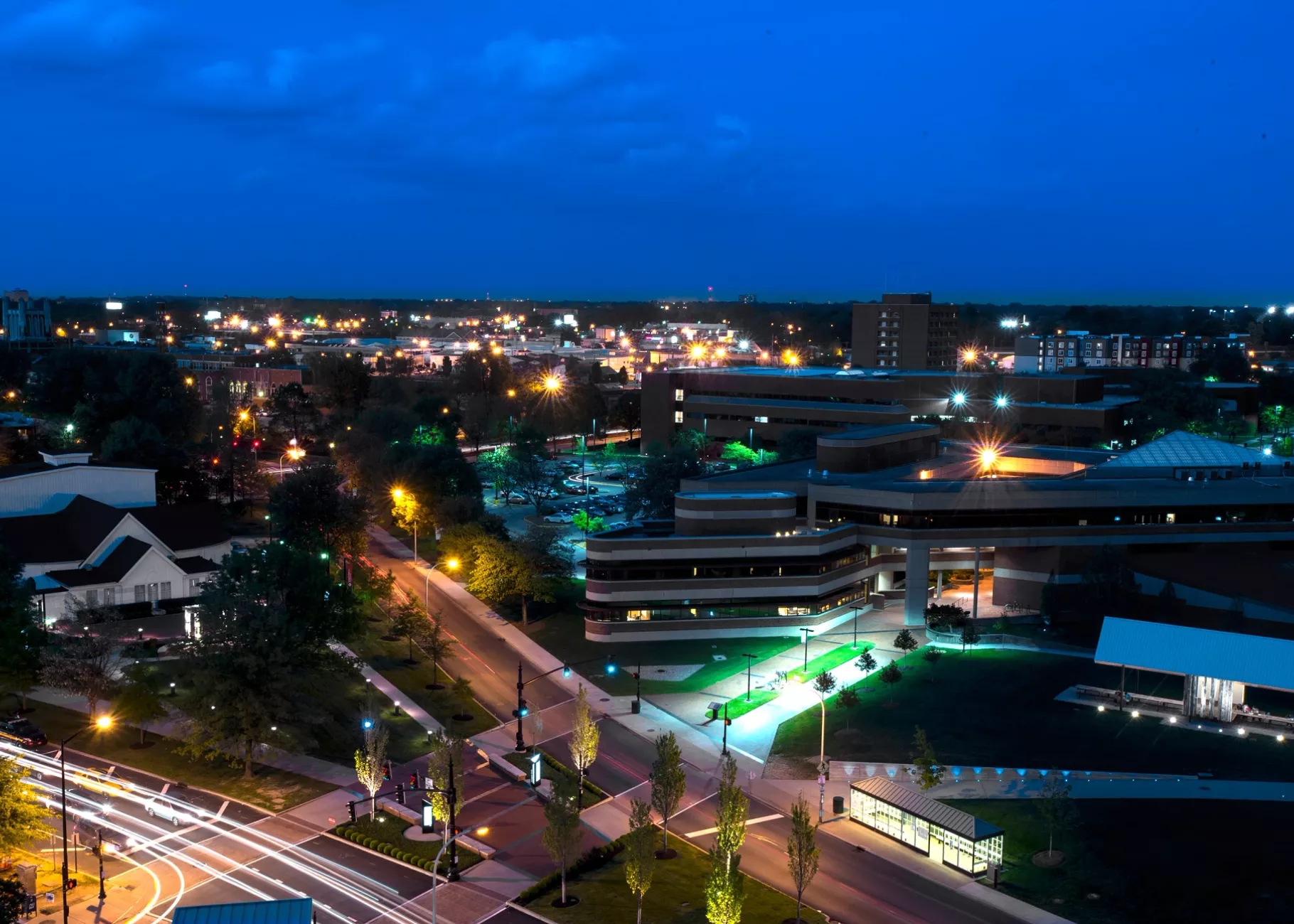 Aerial shot of College of Business and Playhouse