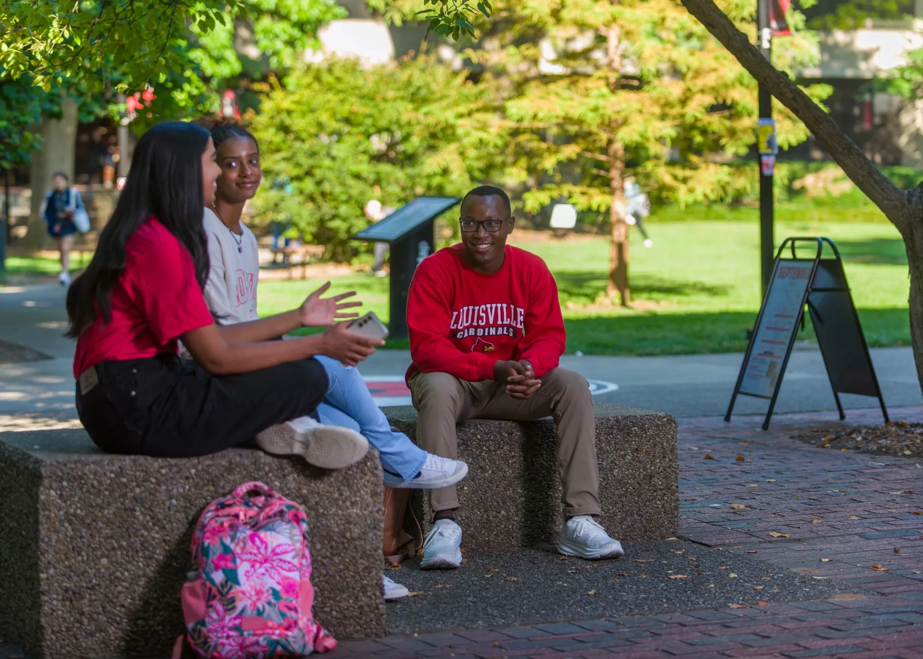 Students sitting and talking near the Ekstrom Library quad