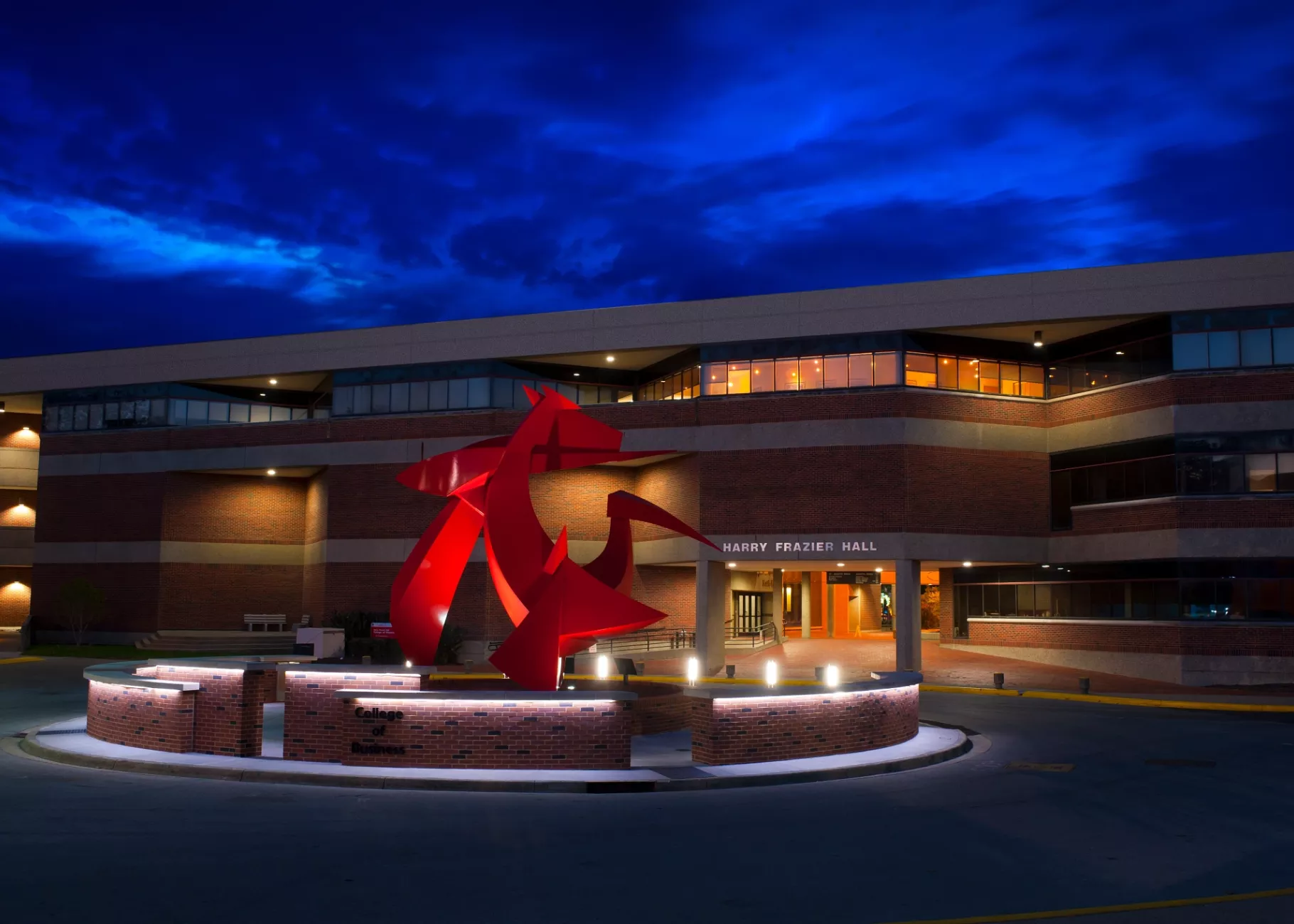 UofL College of Business Building with Big Red in morning, UofL College of Business Building with Big Red in morning