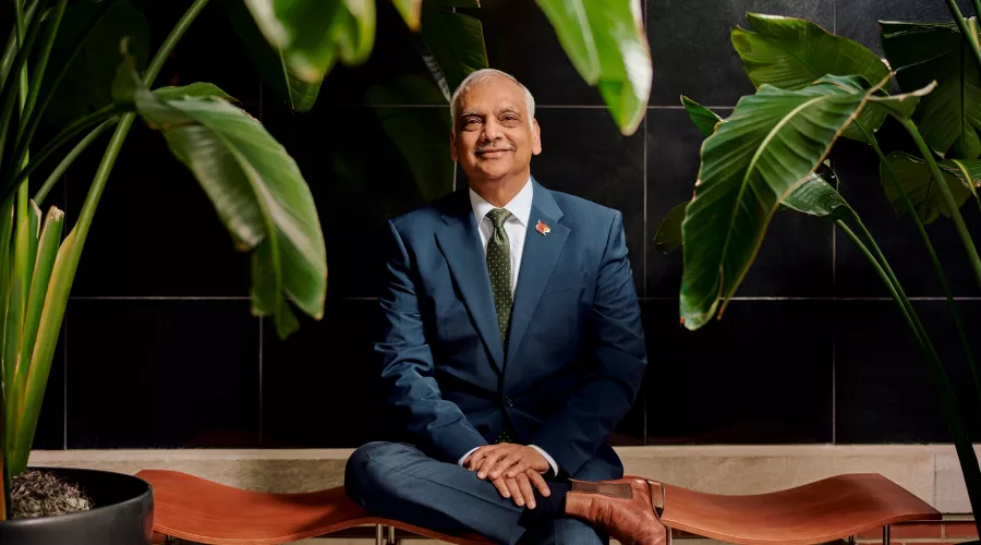 A man in a blue suit seated on a wavy wooden bench among green potted palms