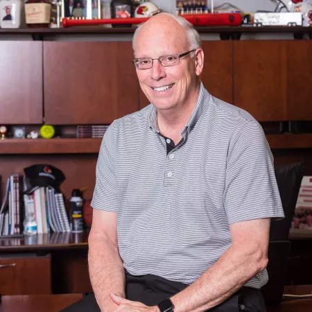 Kenny Klein, senior associate athletic director and sports information director for men's basketball. Klein retired from UofL in 2022 after 39 years of service.