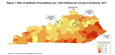 Figure 1: Rate of Antibiotic Prescriptions per 1000 children per county in Kentucky 2017