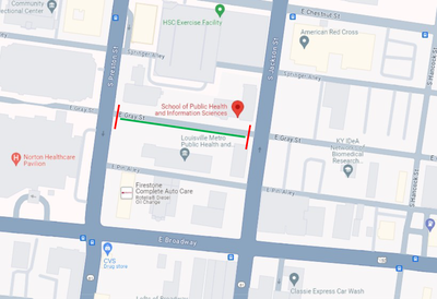 Map of showing where the Gray Street Farmers Market is located. Includes some buildings, streets, and intersections. 
