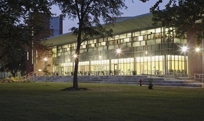 exterior photo of Ekstrom Library at night