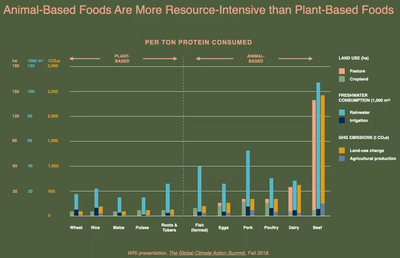 Graph - Emissiosns + Resource use per ton of protein (veg vs meats)