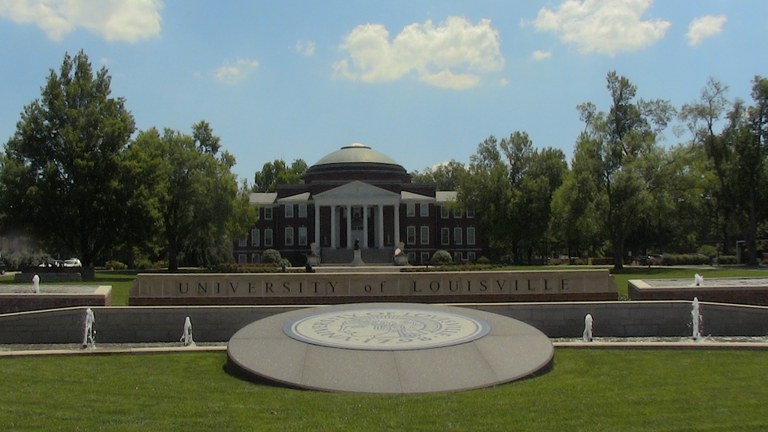The main entrance to U of L with Grawemeyer Hall in the background.
