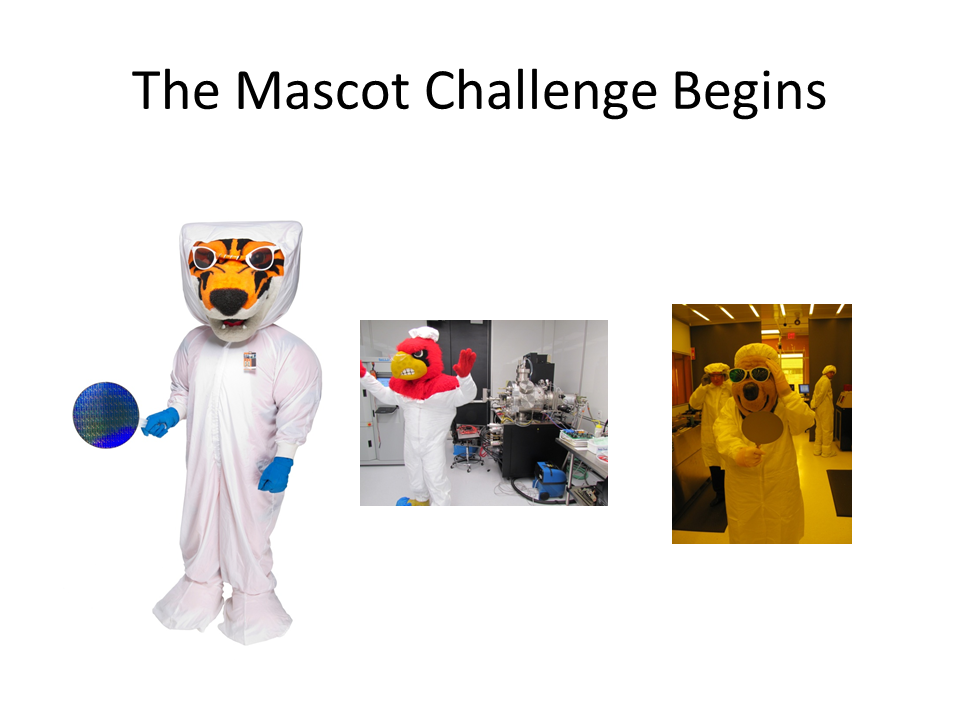 The mascot challenge begins. Images of Ritchie the Tiger, the Cardinal Bird, and Oski the Bear.