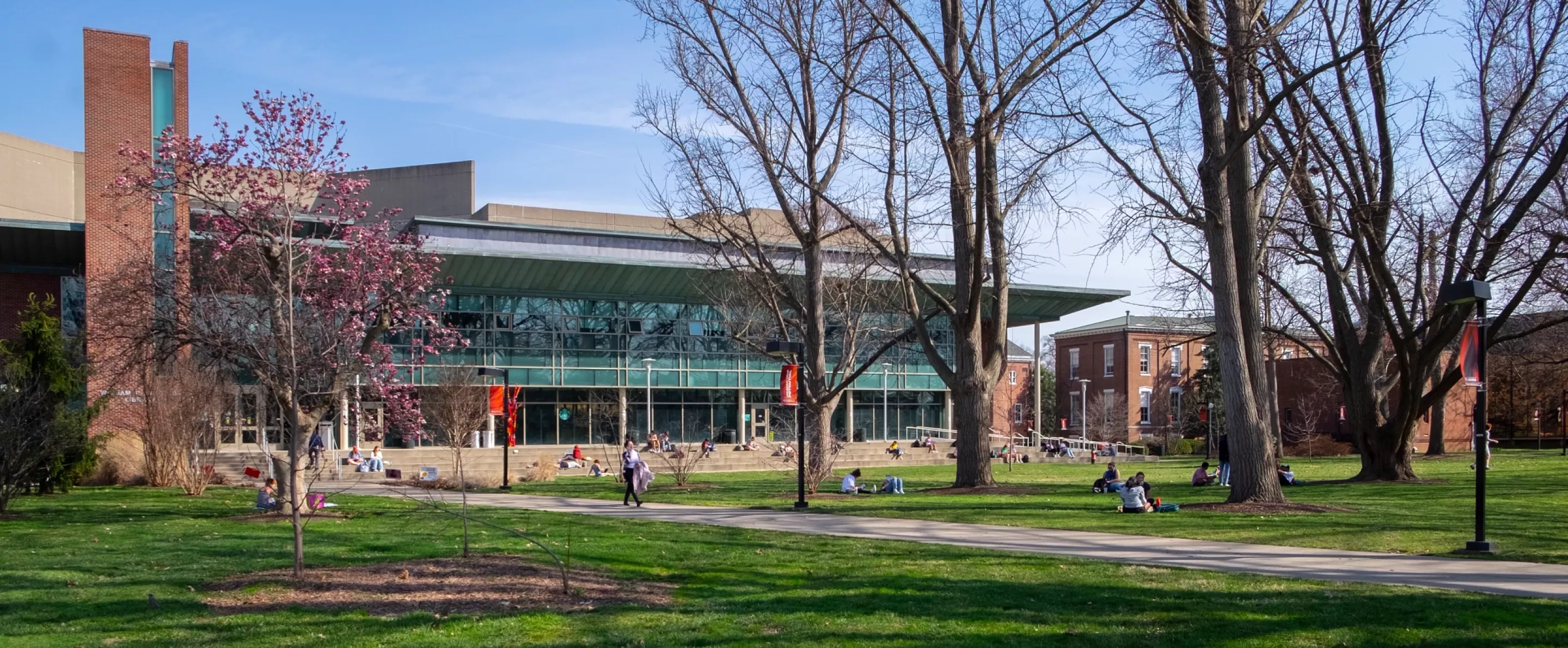 Exterior of Ekstrom Library and lawn on a bright spring day